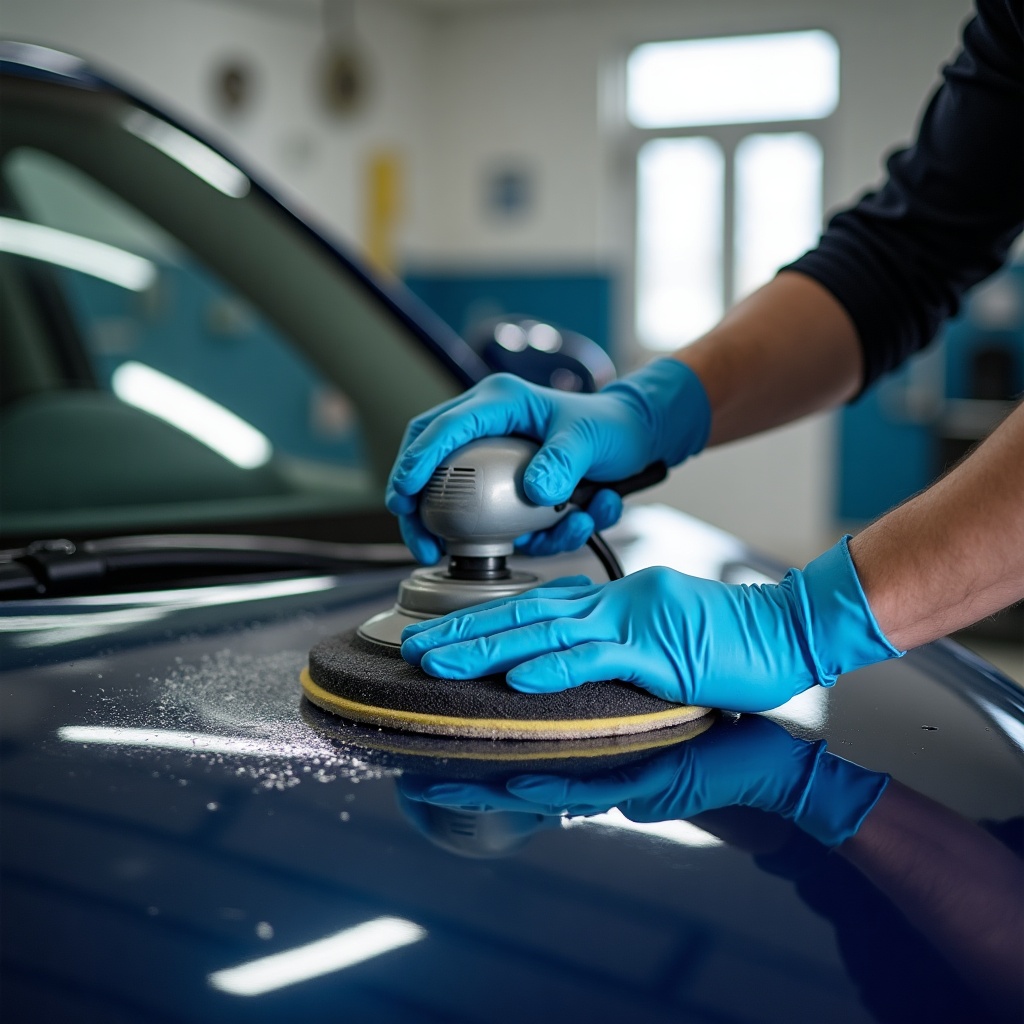 Professional detailer polishing a car with supplies from Care Pro